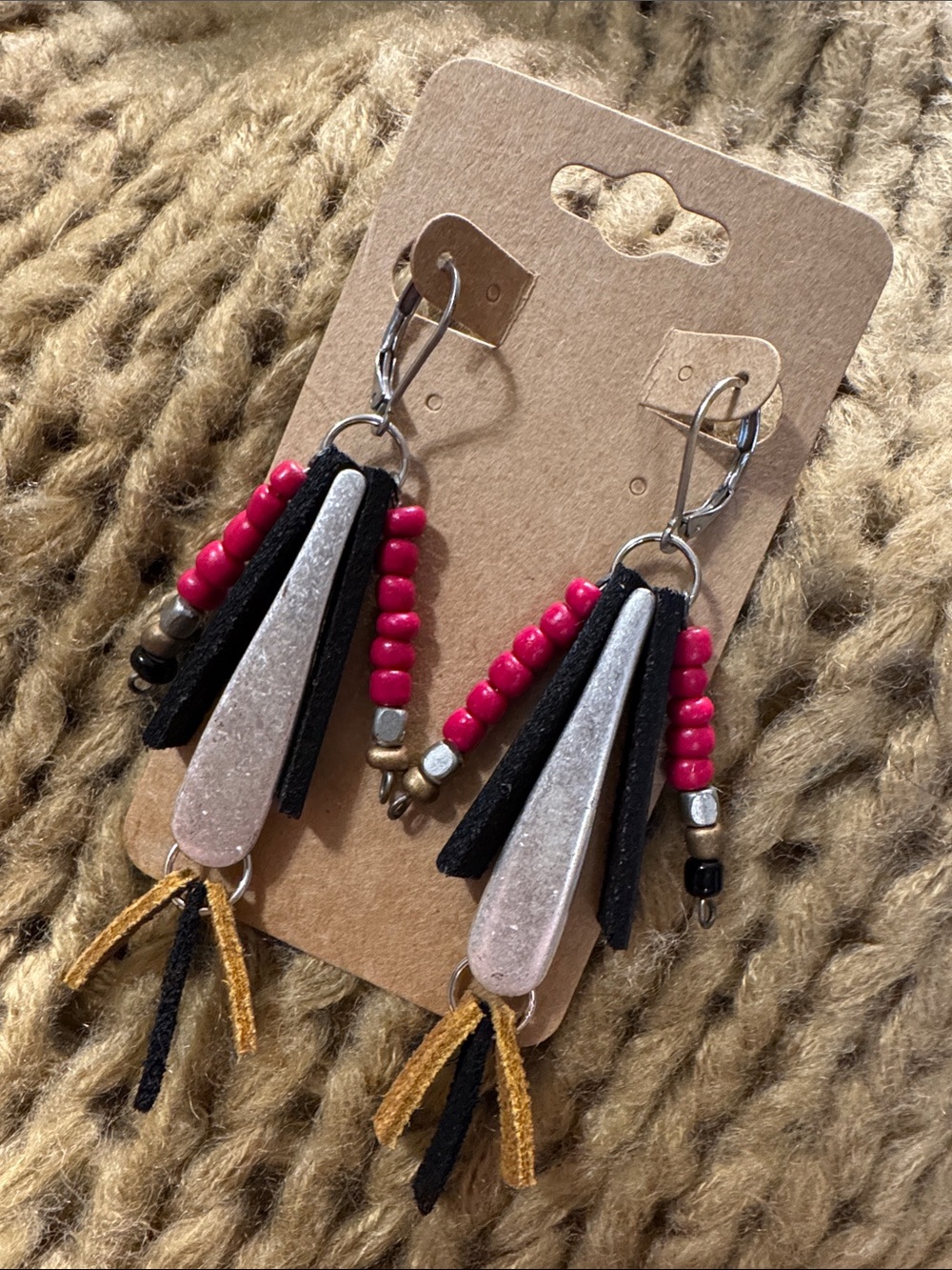 Handmade Black and Red Beaded Fringe Genuine Leather Earrings